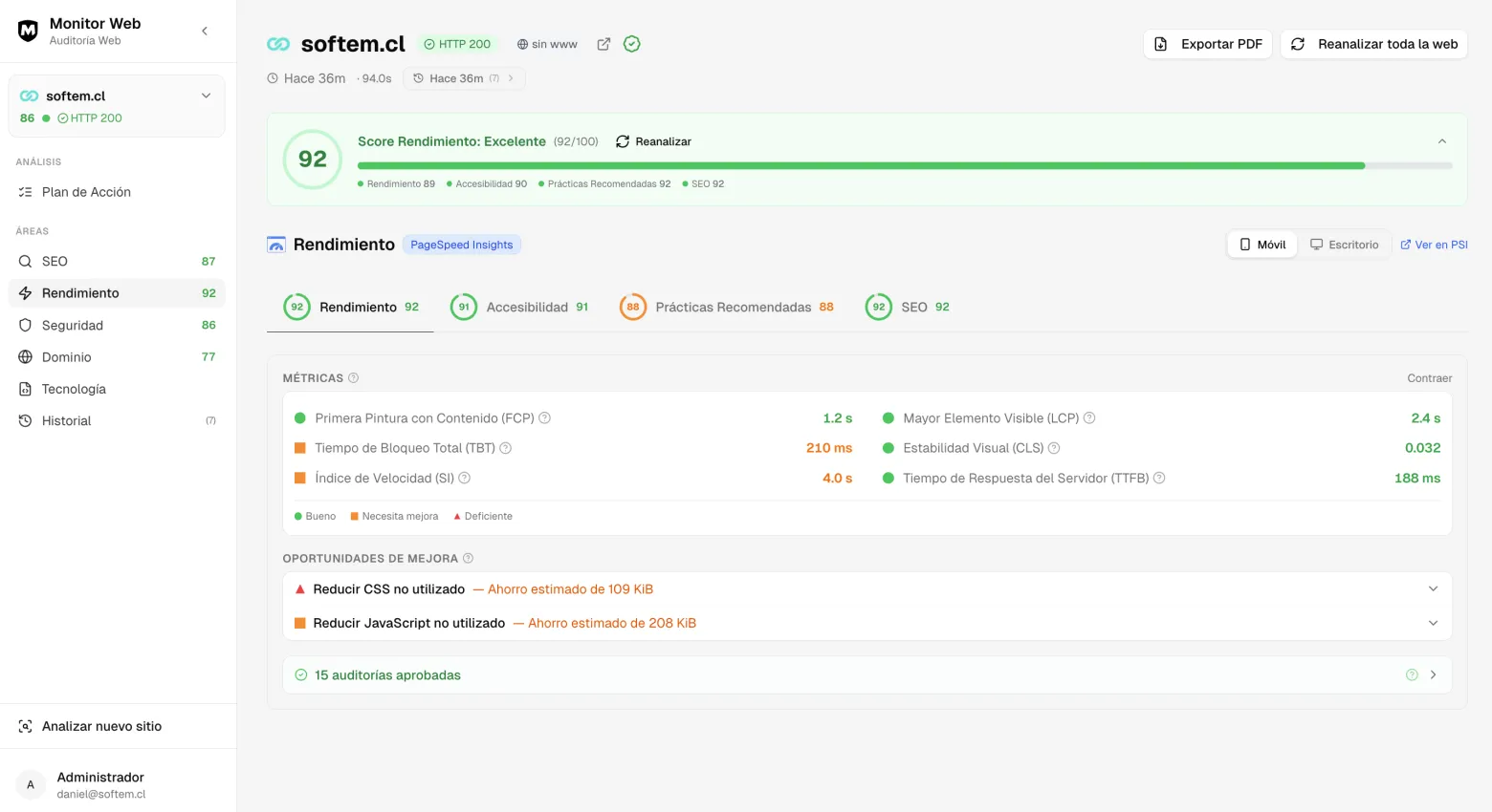 Vista del tab Rendimiento con Core Web Vitals y métricas