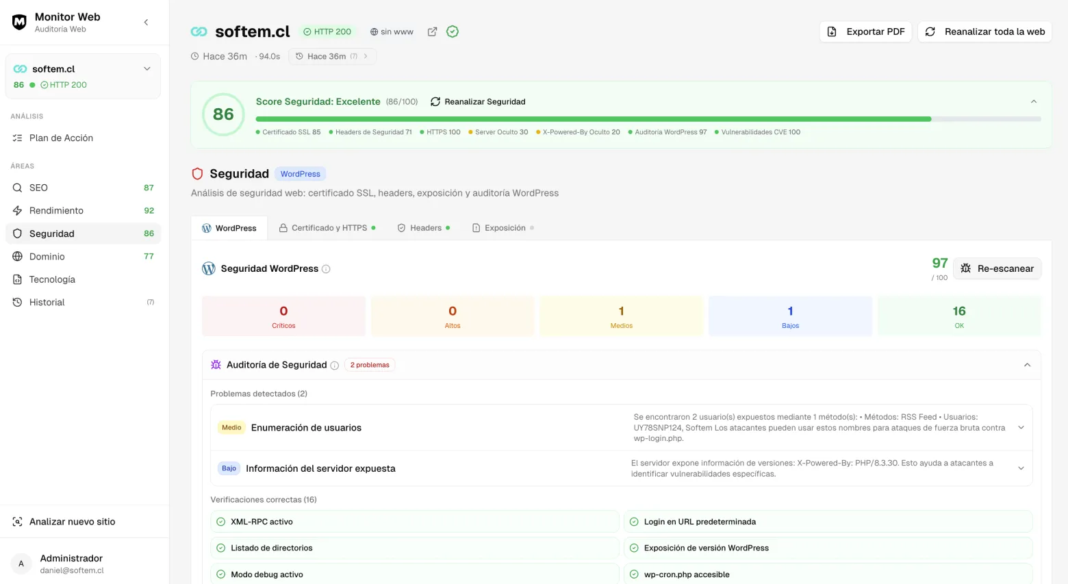 Vista del tab Seguridad con verificaciones de SSL, headers y configuración del servidor